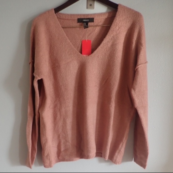 F21 Medium NWT Mauve Taupe VNeck Soft Pink Sweater - Picture 3 of 8